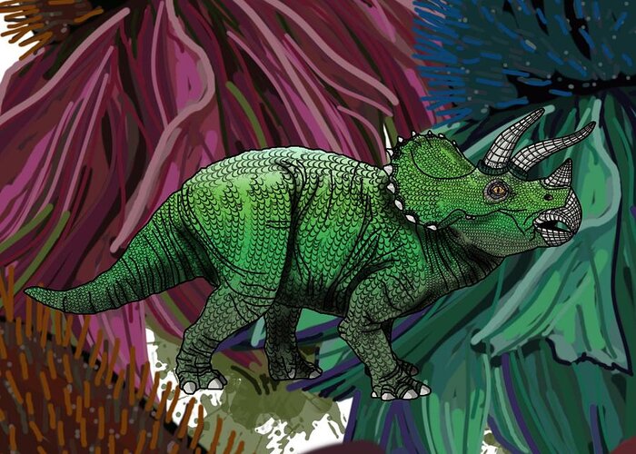 Dinosaur Greeting Card featuring the digital art Dinosaur Triceratops Flowers by Joan Stratton