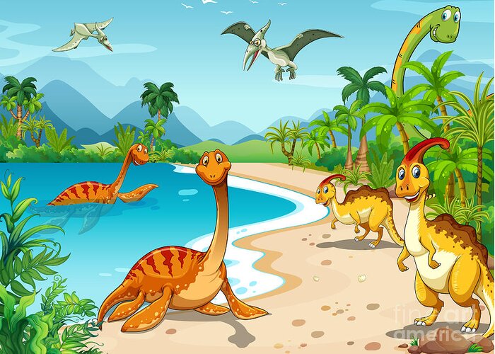 Clipart Greeting Card featuring the digital art Dinosaurs Living On The Beach by Graphicsrf