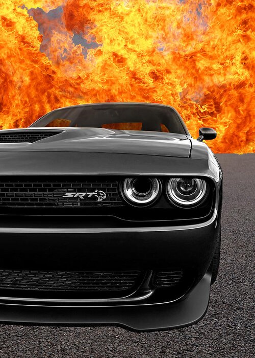 Dodge Greeting Card featuring the photograph Dodge Hellcat SRT With Flames by Gill Billington