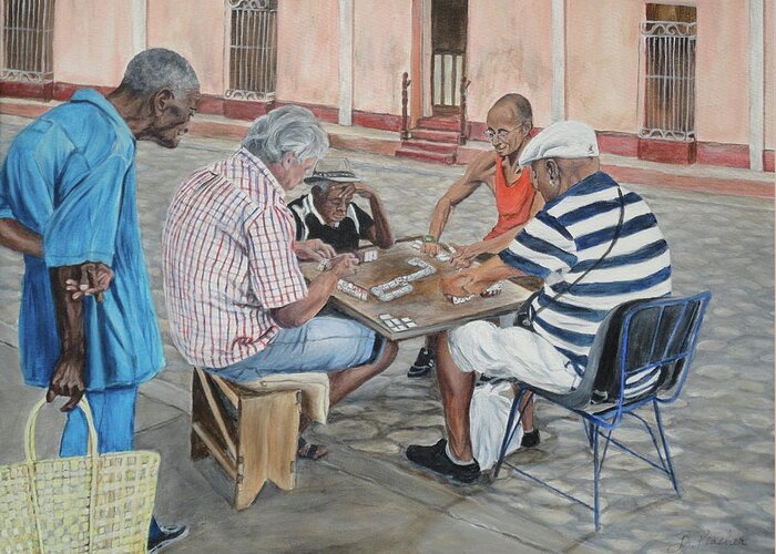Domino Players Greeting Card featuring the painting Domino players by Bonnie Peacher