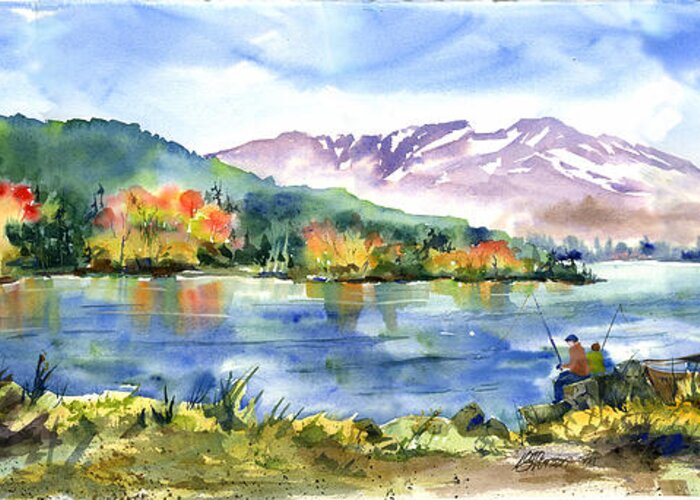 Donner Lake Greeting Card featuring the painting Donner Lake Fisherman by Joan Chlarson