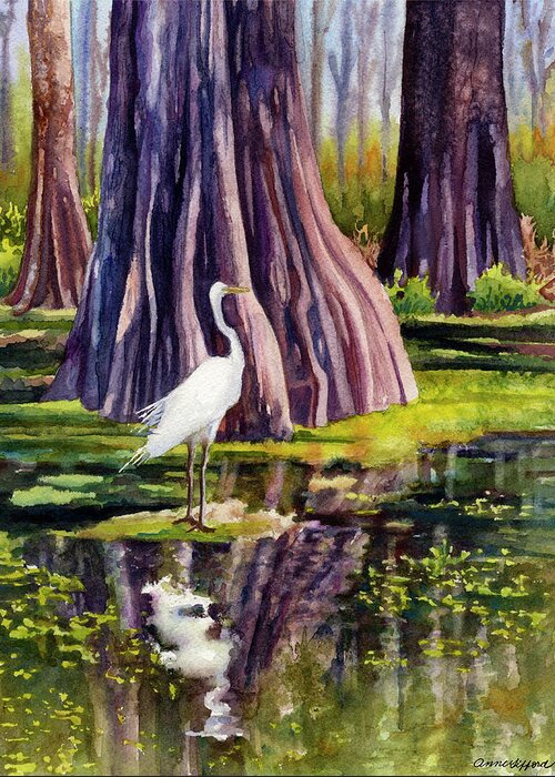 Egret Painting Greeting Card featuring the painting Down in the Swamplands by Anne Gifford