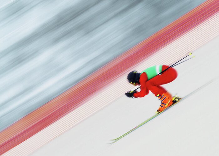 Alpine Skiing Greeting Card featuring the photograph Downhill Ski Racer Speeding Down by David Madison