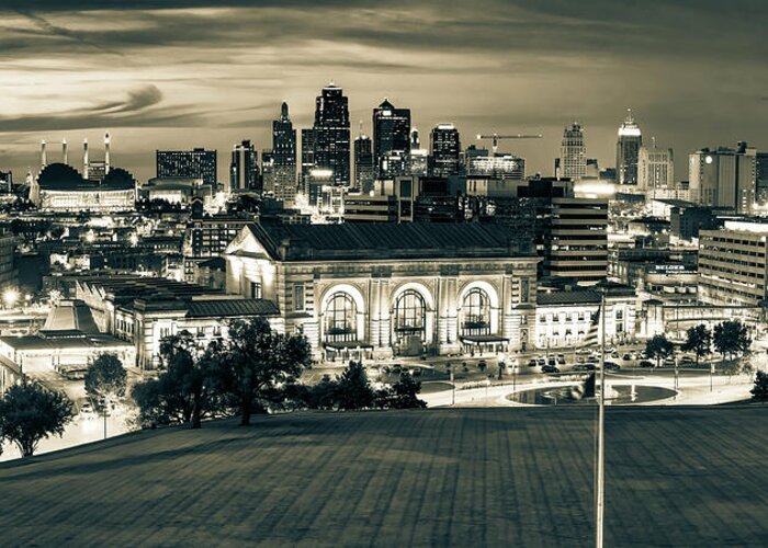 America Greeting Card featuring the photograph Downtown Kansas City Skyline Panoramic at Dusk in Sepia by Gregory Ballos
