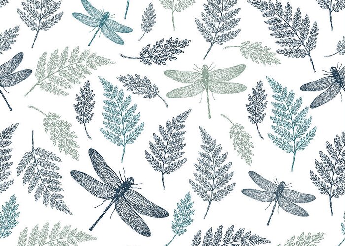 Template Greeting Card featuring the digital art Dragonfly Seamless Pattern Fern by Adehoidar