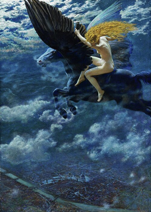 Dream Idyll Greeting Card featuring the painting Dream Idyll A Valkyrie by Edward Robert Hughes by Rolando Burbon
