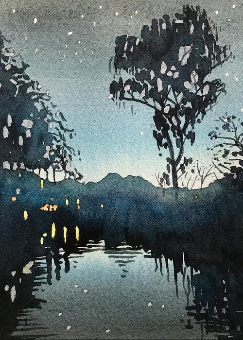 Watercolor Night Night Painting Lake Starry Night Mountains Landscape Painting Art Paintings Landscape Malibou Lake Greeting Card featuring the painting Rabbit Island under the Stars by Luisa Millicent