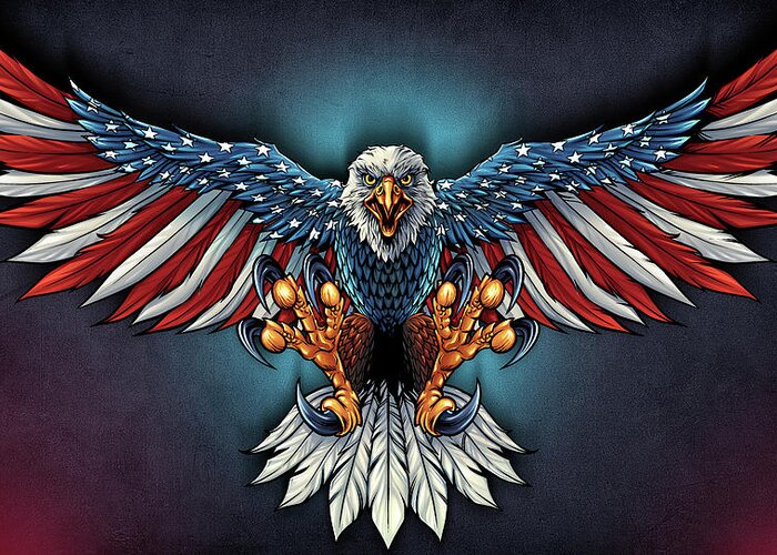 Eagle With Us Flag Wings Spread Greeting Card featuring the digital art Eagle With Us Flag Wings Spread by Flyland Designs