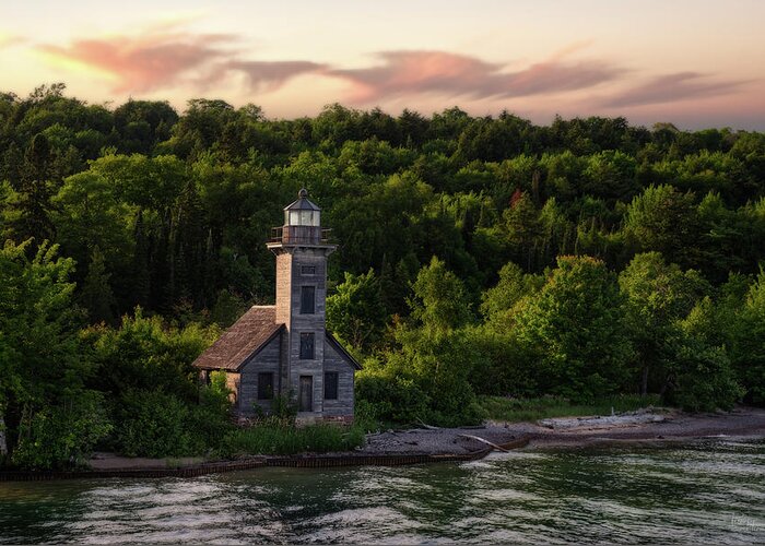 Pictured Rocks Greeting Card featuring the photograph East Channel Lighthouse #1 - Grand Island MI by Peter Herman