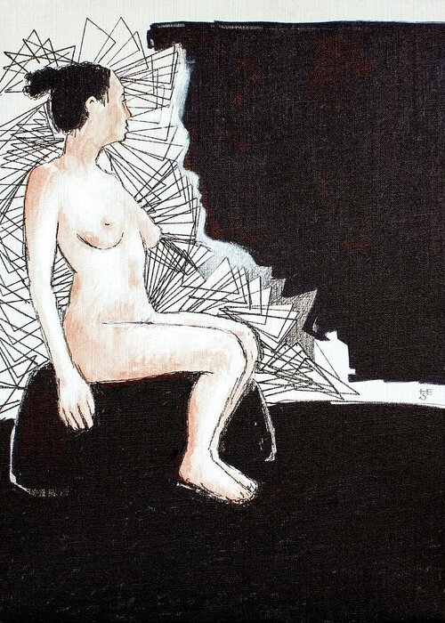 Woman Sitting Greeting Card featuring the drawing East meets west by Hans Egil Saele