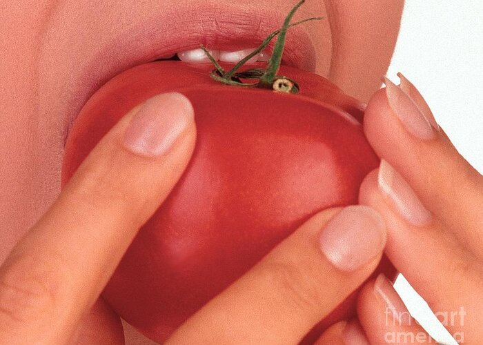 Woman Greeting Card featuring the photograph Eating Tomato by Oscar Burriel/science Photo Library