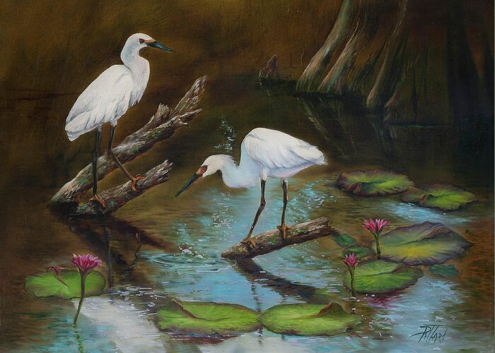 Egrets Greeting Card featuring the painting Two Egrets--Missed Again by Lynne Pittard