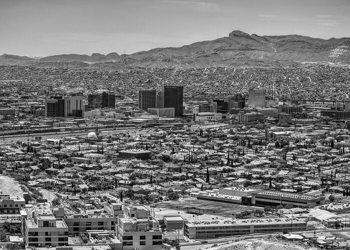 El Paso Greeting Card featuring the photograph El Paso, Texas and Ciudad Juarez skyline black and white by Chance Kafka