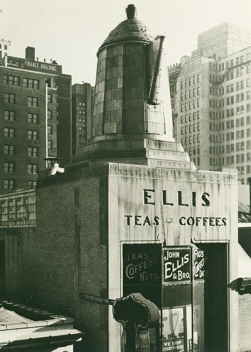 Ellis Teas;and Coffees Greeting Card featuring the mixed media Ellis Tea and Coffee Store, 1945 by Jacob Stelman
