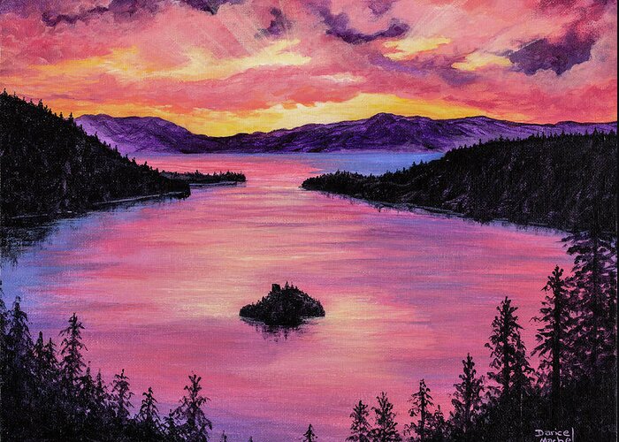 Emerald Bay Greeting Card featuring the painting Emerald Bay Sunset by Darice Machel McGuire