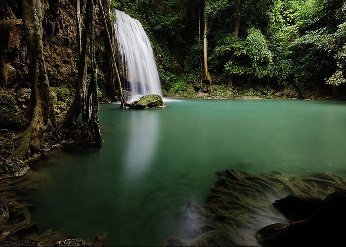 Scenics Greeting Card featuring the photograph Erawan Waterfalls by Nobythai