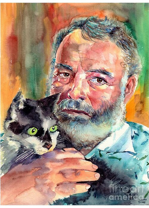Ernest Miller Hemingway Greeting Card featuring the painting Ernest Hemingway Portrait by Suzann Sines