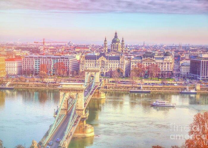 Budapest Greeting Card featuring the photograph Ethereal Panorama of Budapest Chain Bridge by Stefano Senise