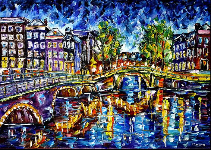 Holland Painting Greeting Card featuring the painting Evening Mood In Amsterdam by Mirek Kuzniar