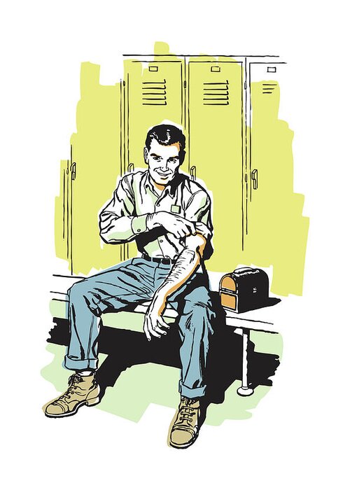 Adult Greeting Card featuring the drawing Factory Worker Rolling Up Sleeves on Bench in Locker Room by CSA Images
