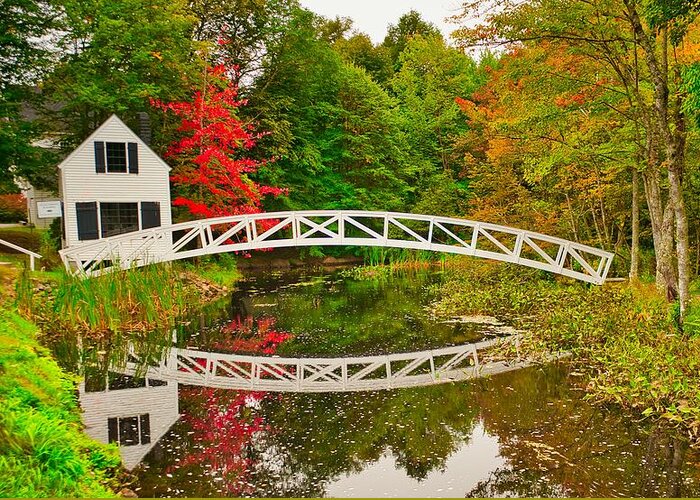 Fall Greeting Card featuring the photograph Fall Footbridge Reflection by Tom Gresham