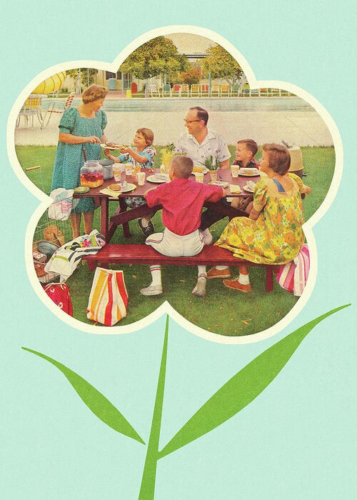Adult Greeting Card featuring the drawing Family Picnic in a Flower by CSA Images