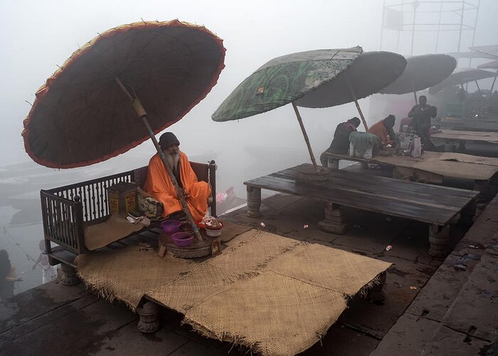 Monk Greeting Card featuring the photograph Famous Umbrella Of Varanasi by Partha Sarathi Dalal
