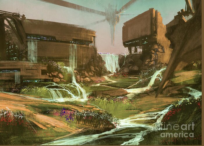 Fi Greeting Card featuring the digital art Fantasy Landscape With Waterfall by Tithi Luadthong