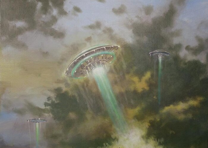 Ufo Greeting Card featuring the painting Farewell to the Visitors by Tom Shropshire