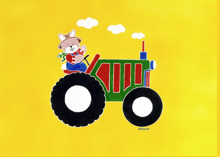Bunny On A Tractor
Yellow Background Greeting Card featuring the painting Farmer Rabbit by Shelly Rasche
