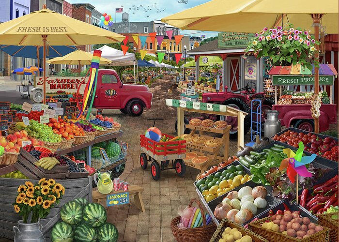 Farmers Market Day Greeting Card featuring the painting Farmers Market Day by Bigelow Illustrations- Exclusive