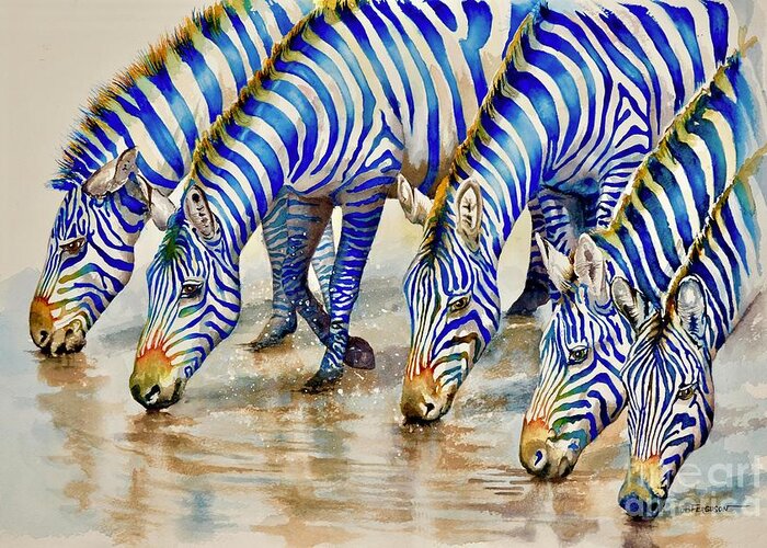 Zebra Greeting Card featuring the painting Feeling Blue by Jeanette Ferguson