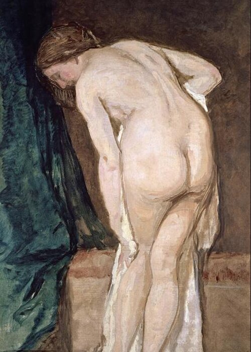Eduardo Rosales Greeting Card featuring the painting 'Female Nude -after bathing-', ca. 1869, Spanish School, Oil on canvas, 185 cm x 90 cm, P04616. by Eduardo Rosales -1836-1873-