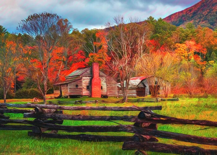 Barn Greeting Card featuring the photograph Fences and Cabins Cades Cove Watercolors by Debra and Dave Vanderlaan