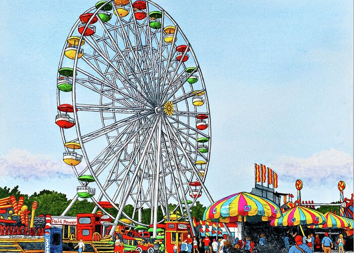 Ferris Wheel Greeting Card featuring the painting Ferris Wheel Erie County Fair, Hamburg Ny by Thelma Winter