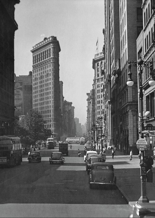 1950-1959 Greeting Card featuring the photograph Fifth Ave. And The Flatiron Bldg by George Marks