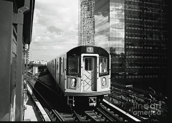 Black And White Greeting Card featuring the photograph Filmic N Y C No.7 - 7 Train at Queensboro Plaza by Steve Ember