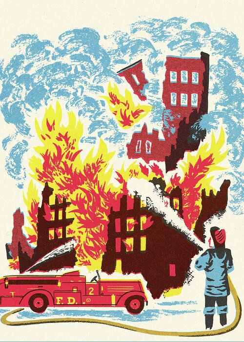 Accident Greeting Card featuring the drawing Firefighter Spraying Water on a Burning Building by CSA Images