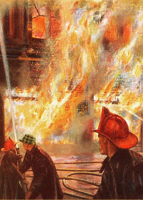 Accident Greeting Card featuring the drawing Firefighters Fighting Building Fire by CSA Images
