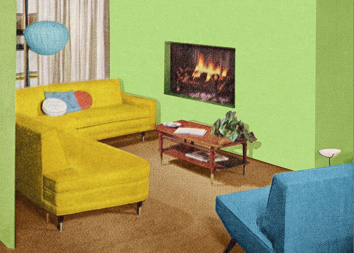 Campy Greeting Card featuring the drawing Fireplace in Living Room by CSA Images