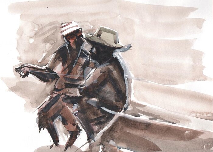  Greeting Card featuring the painting Fishermen Prelim Sepia Sketch by Gaston McKenzie