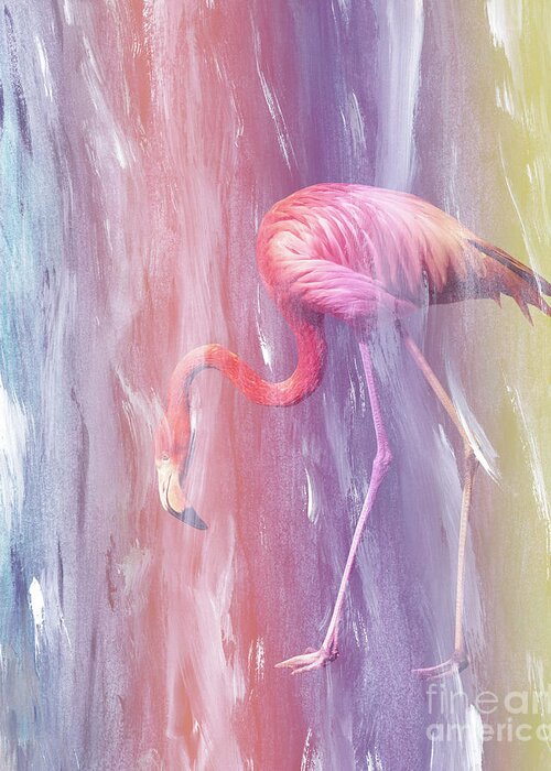 Painting Greeting Card featuring the mixed media Flamingo in the Colored Rain #1 #tropical #decor #art by Anitas and Bellas Art