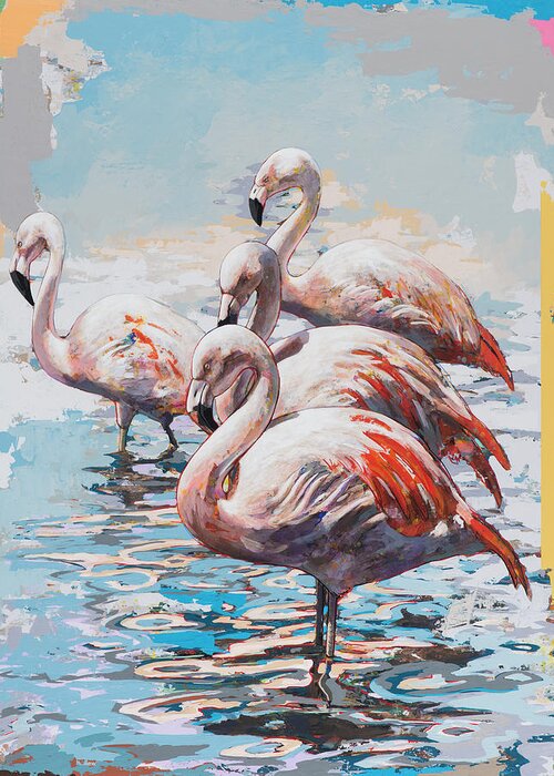 Flamingo Greeting Card featuring the painting Flamingos #3 by David Palmer