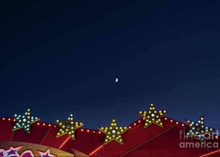 Abstract Greeting Card featuring the photograph Flat background of blue sky with small moon and luminous light bulbs. by Joaquin Corbalan