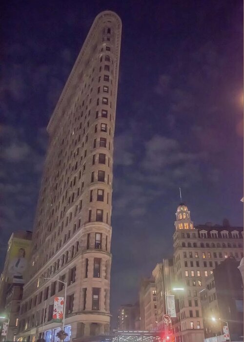Flat Iron Building Greeting Card featuring the photograph Flat Iron Building at night by Alan Goldberg