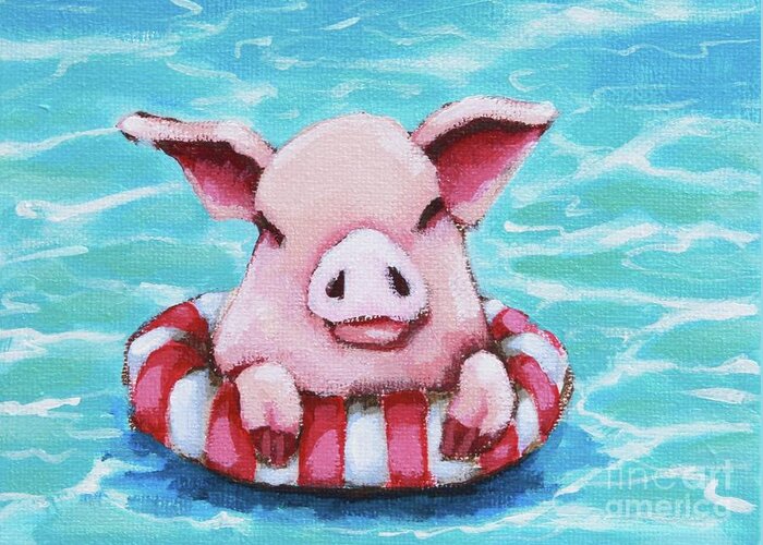 Pig Greeting Card featuring the painting Floating by Lucia Stewart