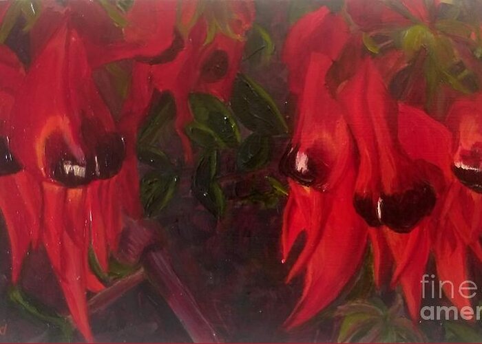 Sturt Desert Peas Australian Native Red Flowers Greeting Card featuring the painting Flower Flames by Ruth Bosveld