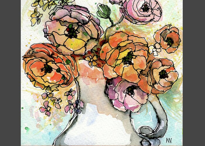Watercolor Greeting Card featuring the painting Flowers in Pitcher by AnneMarie Welsh