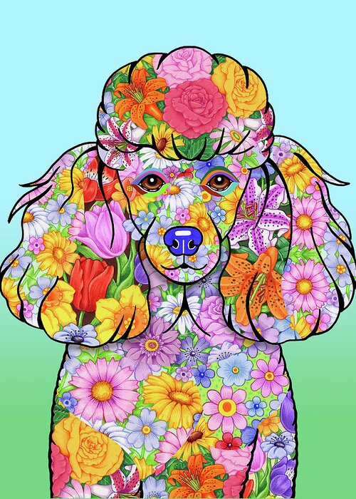 Flowers Poodle Greeting Card featuring the mixed media Flowers Poodle by Tomoyo Pitcher