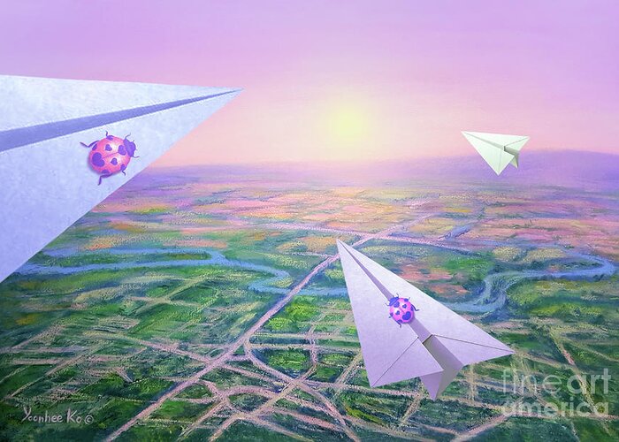 Journey Greeting Card featuring the pastel Fly to the Sun  by Yoonhee Ko